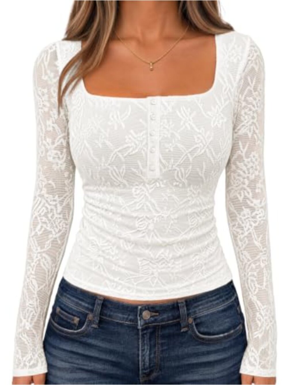 Women's Floral Lace Long Sleeve Mesh Square Neck Ruched Cinched Waist Blouse